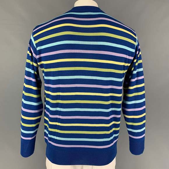 GENE MEYER Blue Yellow Stripe Cotton Blend Crew-Neck Pullover - Picture 3 of 4